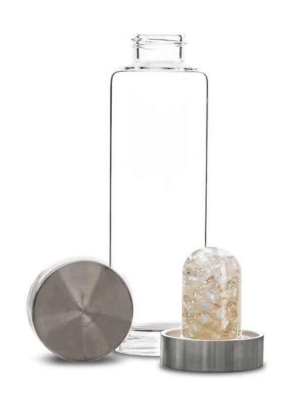 Disassembled view of the ViA Gemstone Water Bottle - Luna, highlighting the removable GemPod base containing Rainbow Moonstone and Clear Quartz.