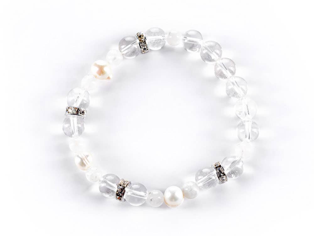 Top view of the Moonstone and Pearl Intuition Bracelet showcasing its intricate design with Moonstone and Pearl beads for enhanced intuition and personal integrity.