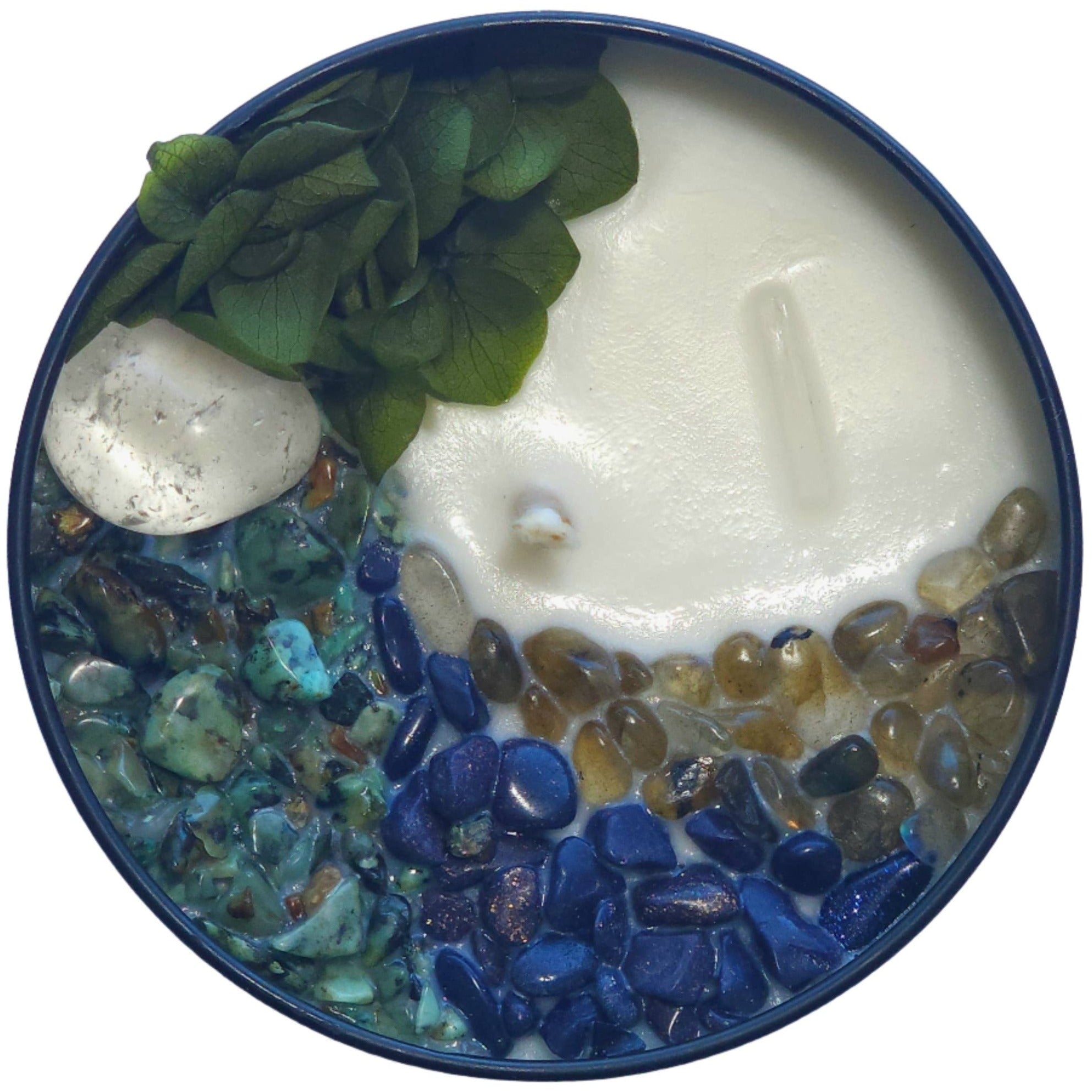 Top view of the 8oz Soy Crystal Intention Candle New Beginnings with Clear Quartz, African Turquoise, Blue Goldstone, and Labradorite crystals. Scented with Cypress and Moss.