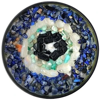 Top view of the 8oz Soy Crystal Intention Candle Protected with Black Tourmaline, Amazonite, Aura Quartz, and Lapis Lazuli crystals. Scented with Frankincense and Vanilla.