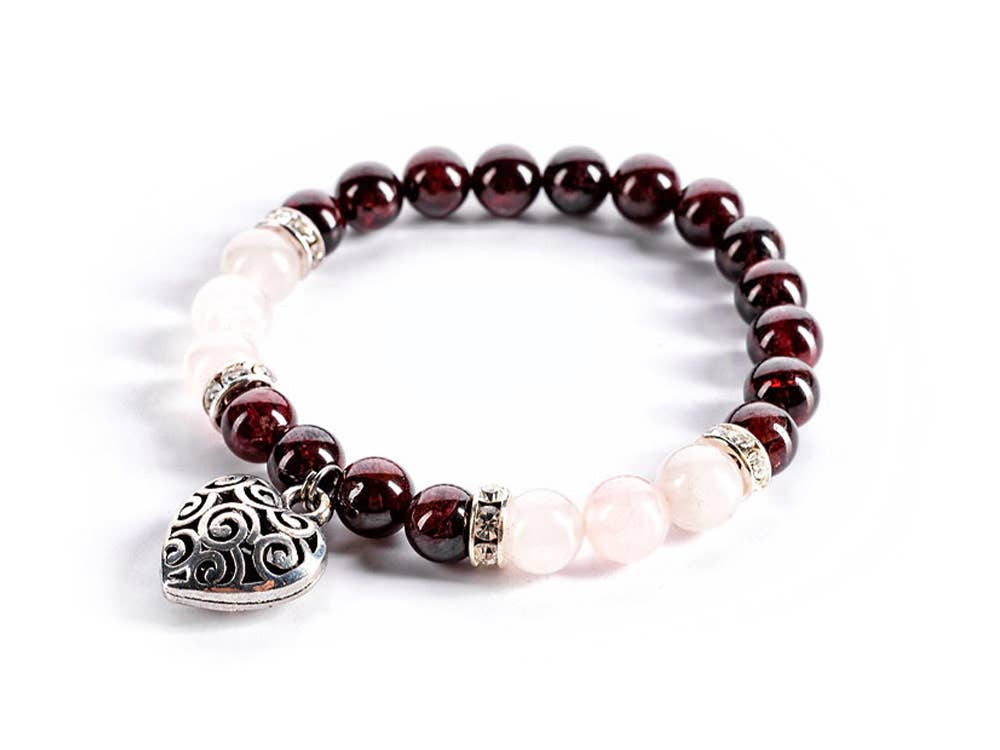 Top view of the Rose Quartz and Garnet Harmony Bracelet showcasing its intricate design with Rose Quartz and Garnet beads, promoting love and passion.