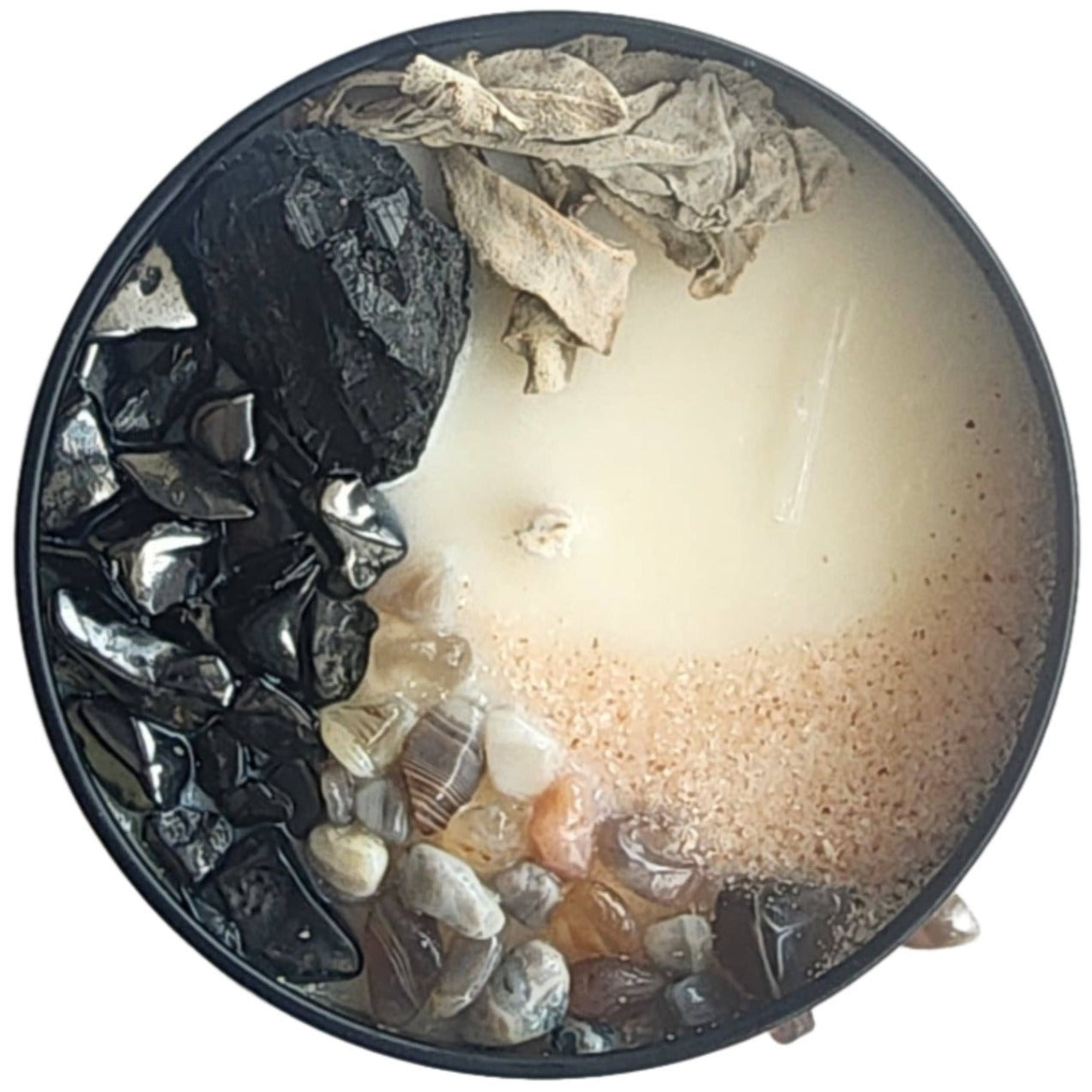 Top view of the 8oz Soy Crystal Intention Candle Salt & Smudge with Black Tourmaline, Shungite, and Botswana Agate crystals. Scented with Lavender and Eucalyptus.