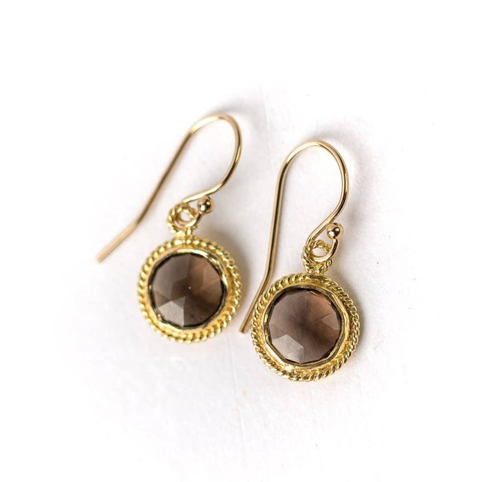 simple gold earrings with a single smoky quartz stone