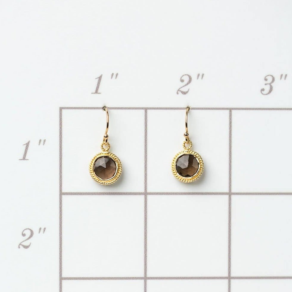 simple gold earrings with a single smoky quartz stone