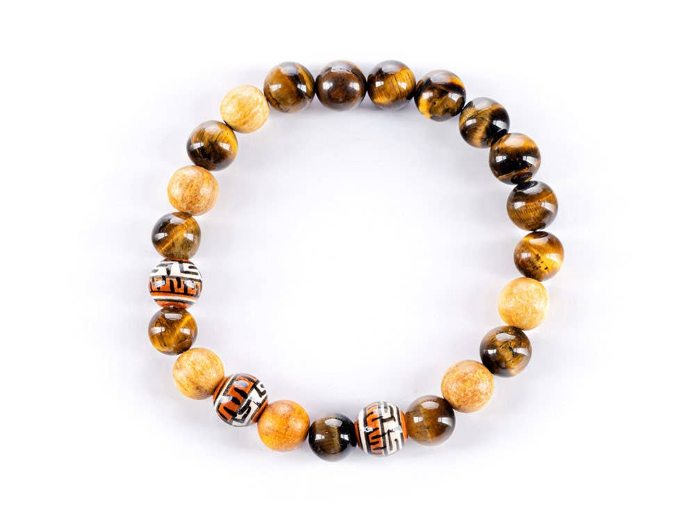 Top view of the Tiger’s Eye and Palo Santo Courage Bracelet showcasing its intricate design with Tiger’s Eye and Palo Santo beads for courage and energy cleansing.