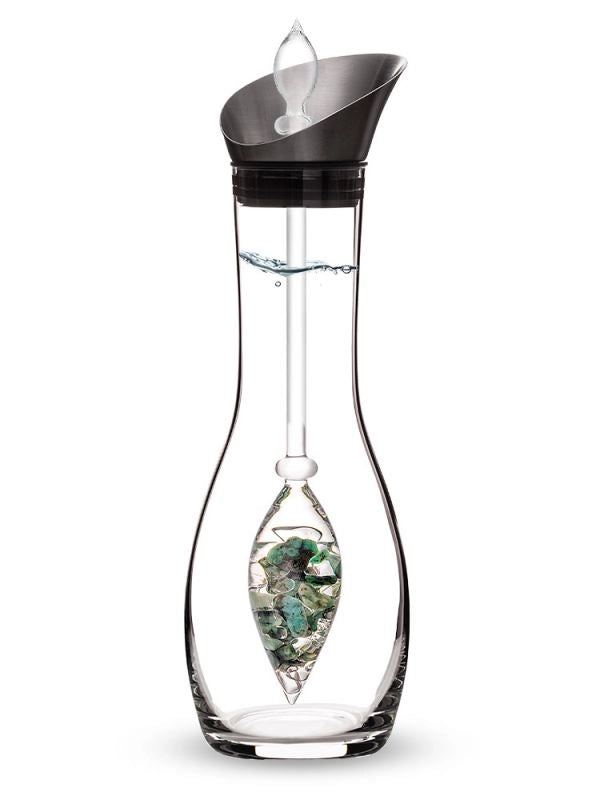 Decanter era set with Vitality gemstones including emerald and clear quartz.