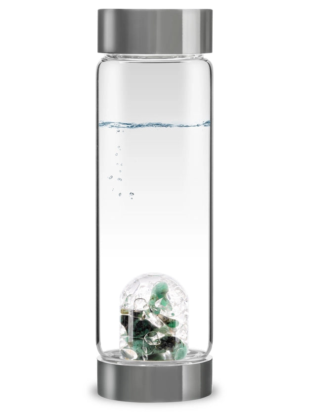 Front view of the ViA Gemstone Water Bottle - Vitality, showcasing the GemPod base with Emerald and Clear Quartz.