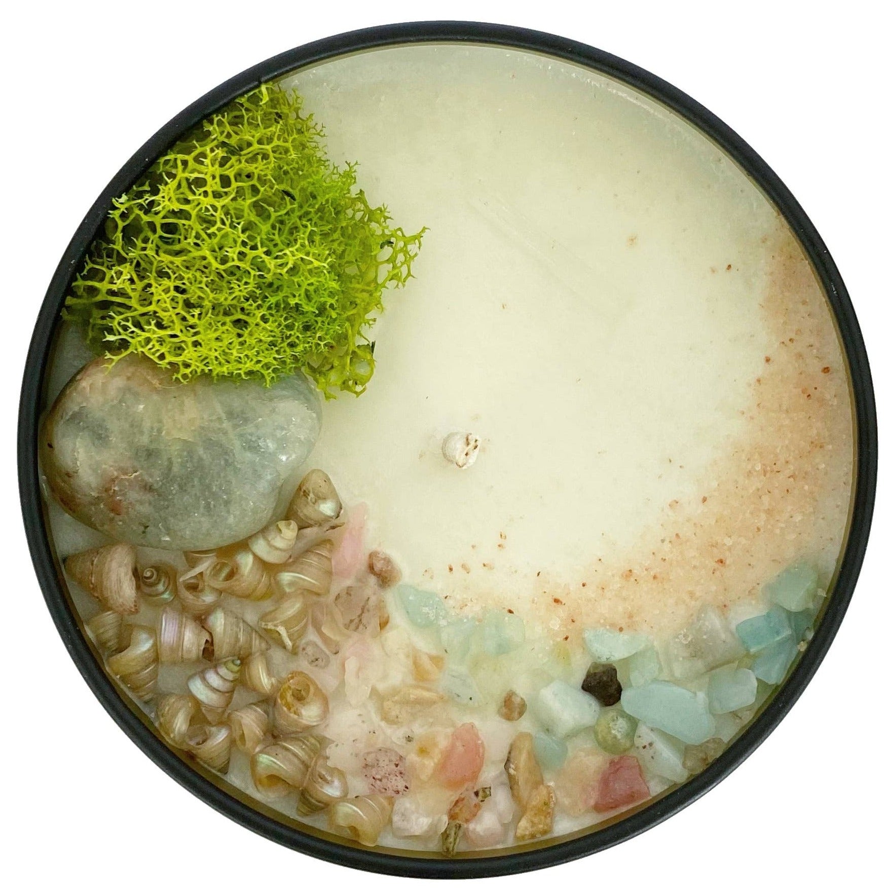 Top view of the 8oz Soy Crystal Intention Candle Viva La Sal with Aquamarine, Trochus Shells, Pink Opal, and Amazonite crystals. Scented with Bergamot and Vanilla.