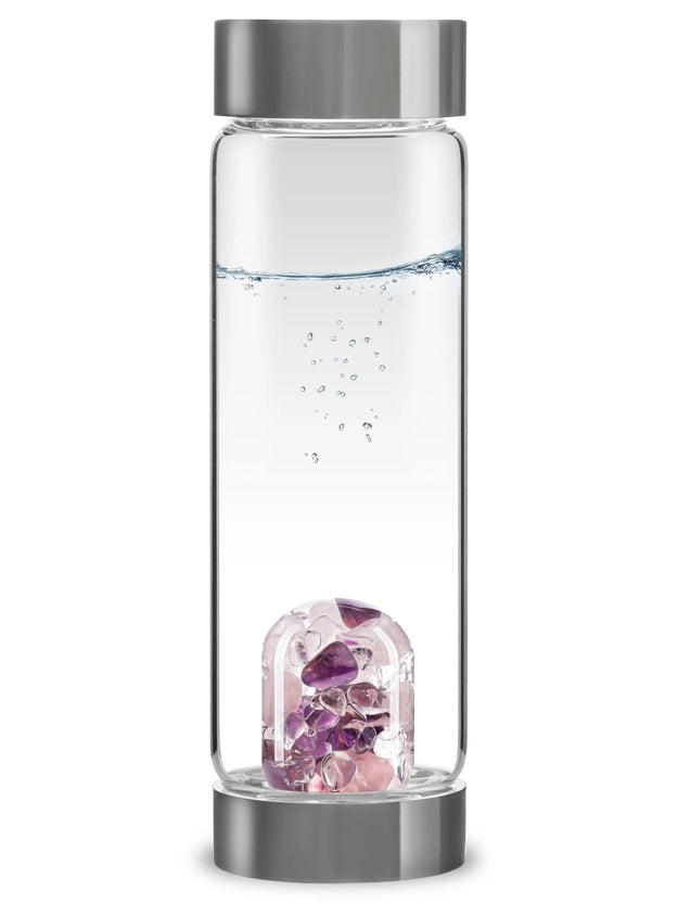 Front view of the ViA Gemstone Water Bottle - Wellness, showcasing the GemPod base with Amethyst, Rose Quartz, and Clear Quartz.