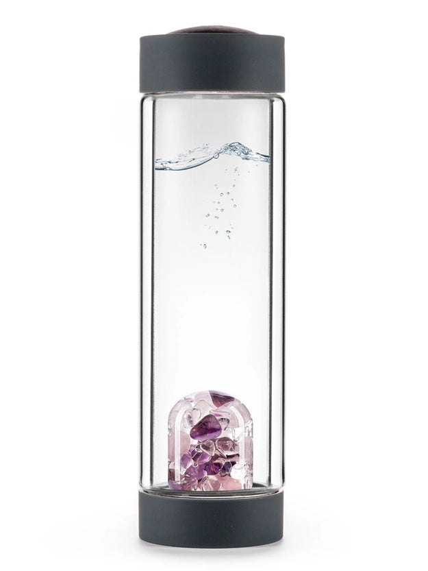 Insulated bottle with Wellness gemstones including amethyst, rose quartz, and clear quartz.