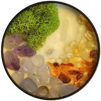 Top view of the 8oz Soy Crystal Intention Candle Xenia with Amethyst, Blue Lace Agate, Carnelian, and Citrine crystals. Scented with Rosemary and Vanilla.