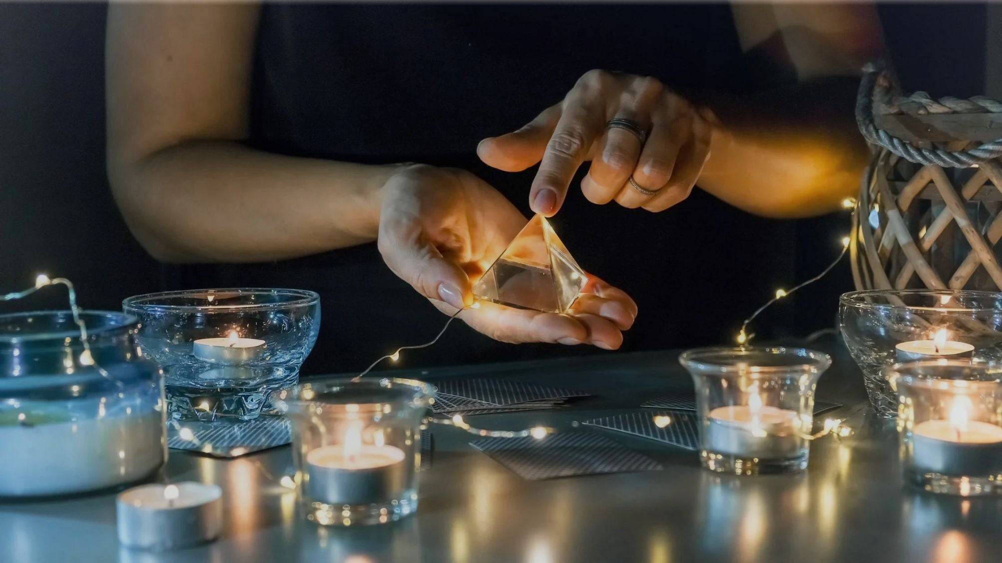 Tarot card reading with crystals and candles