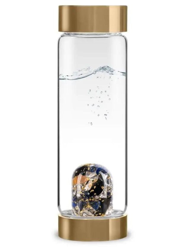 Water bottle with GemPod base featuring Rainbow Obsidian, Garnet, Imperial Topaz, Clear Quartz, and 24K Gold for the ViA Imperia Gemstone Water Bottle - The Queen.