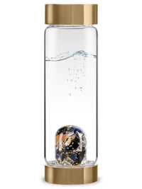 Water bottle with GemPod base featuring Rainbow Obsidian, Garnet, Imperial Topaz, Clear Quartz, and 24K Gold for the ViA Imperia Gemstone Water Bottle - The Queen.