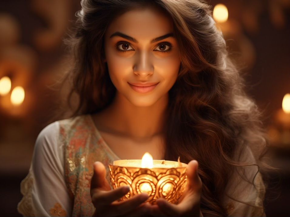 beautiful woman holding a candle with serene look on her face